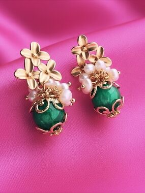 Green Jade & Freshwater Pearl Earrings w/ Gold Floral Accent